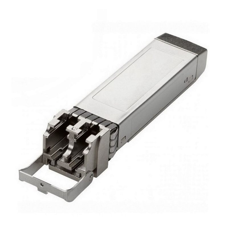 Фото-1 Трансивер Infortrend 9370CSFP25G-0011 (SFP28), вид под углом; металлический модуль с LC-разъёмом спереди, откидная скоба-фиксатор (bail latch) в открытом положении, площадка под наклейку сверху; студийное фото на белом фоне для понимания конструкции и разъёма SFP28 на странице товара.