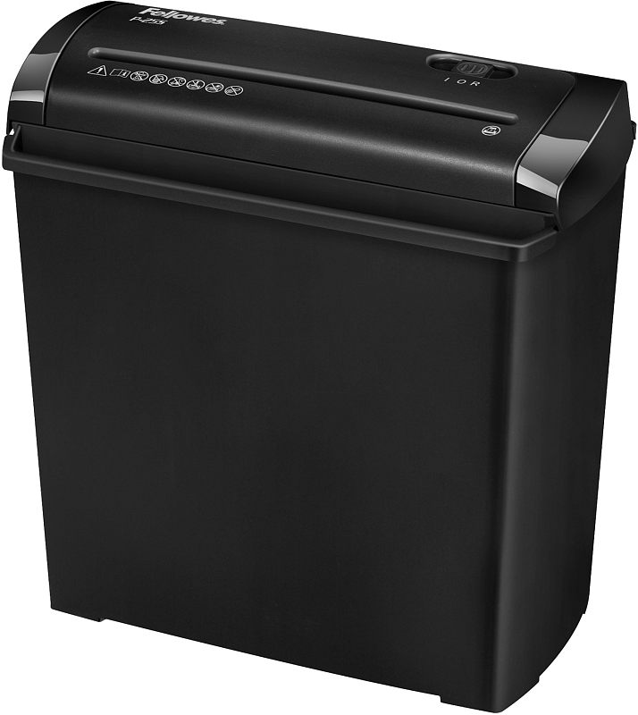 Фото-1 Уничтожитель бумаги Fellowes P-25S (FS 47010) — общий вид под углом спереди; компактный чёрный корпус с верхней крышкой и щелью подачи, без смотрового окна; важно для оценки размера и формы настольного/компактного устройства.