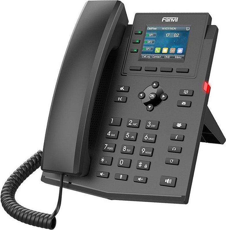 Фото-1 IP‑телефон Fanvil X303W, ракурс спереди‑слева; чёрный корпус, цветной экран, клавиши линий слева с зелёными индикаторами, навигационный блок с OK и цифровая клавиатура, боковой красный индикатор — важно для понимания интерфейса и клавиш линий.