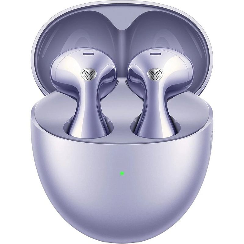 Фото-1 Наушники Huawei FreeBuds 6, открытый зарядный кейс спереди; в овальном кейсе установлены два вкладыша с длинными изогнутыми ножками и световым индикатором на передней панели; пурпурный цвет, изображение показывает основной вид комплекта для страницы товара.