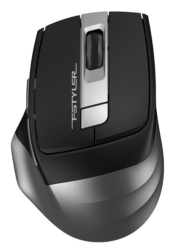 Фото-1 Беспроводная мышь A4Tech Fstyler FG35, чёрно-серая, вид сверху; видны две основные кнопки, чёрное ребристое колесо, серебристая центральная вставка и высокая задняя часть корпуса; изображение показывает основной внешний вид модели для страницы товара.
