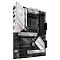 Фото-4 Материнская плата ASUS ROG Strix B550-A Gaming, вид под углом со стороны интерфейсной панели; белый кожух задних разъёмов, серебристые радиаторы, сокет AM4, четыре DIMM-слота и радиаторы M.2; важно для страницы товара, чтобы показать объёмную конструкцию и высоту элементов охлаждения.