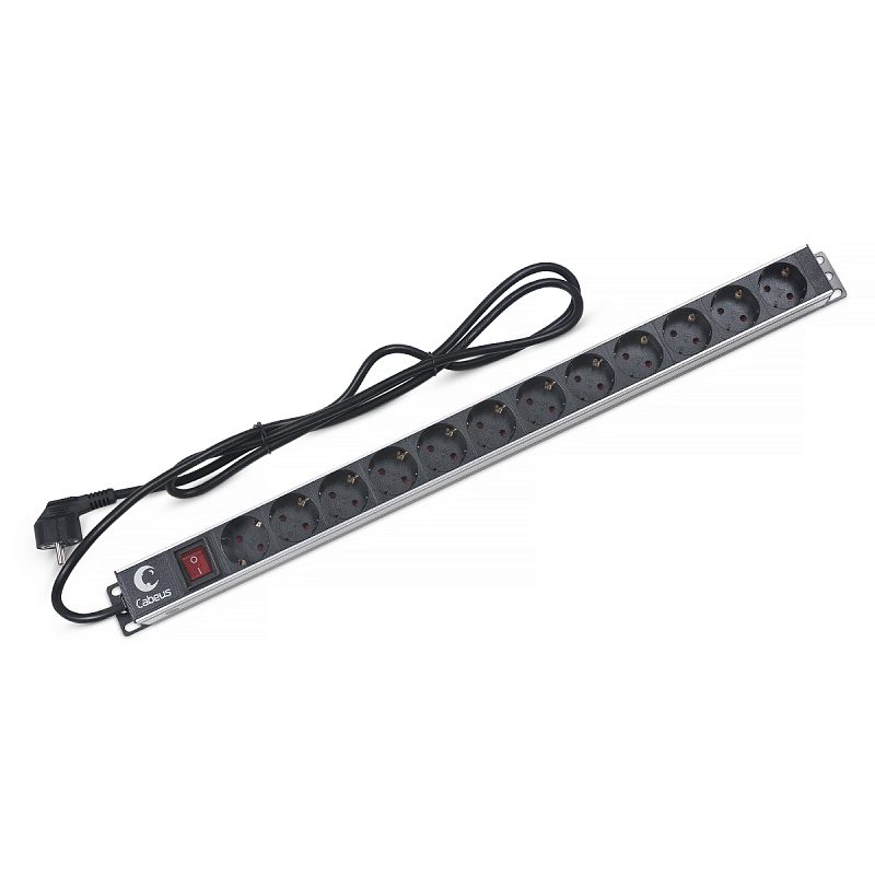 Фото-1 Распределитель питания Cabeus PDU-12P (1U): общий вид под углом, серебристая панель с 12 розетками Schuko, красный клавишный выключатель O/I, кабель с угловой вилкой Schuko — важно для подбора PDU по числу выходов и наличию выключателя в 19" стойке.