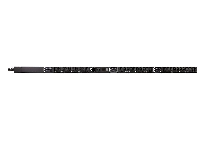 Фото-1 Распределитель питания ATEN PG95330G Zero-U (PG95330G-AT), вид спереди: длинная панель с группами разъёмов IEC и маркировкой BANK, в центре блок интерфейсов с портами RJ-45; чёрный корпус, чтобы оценить распределение розеток по банкам и наличие сетевого управления.