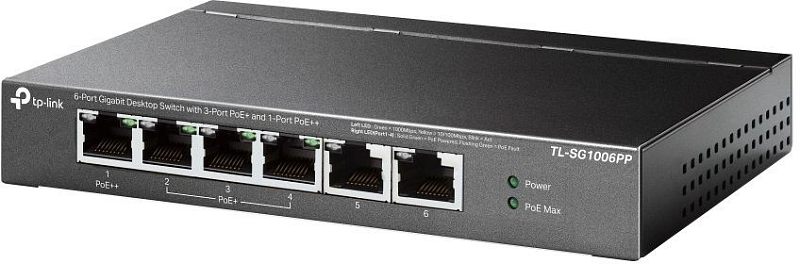 Фото-1 Коммутатор TP-Link TL-SG1006PP, фронтальный вид; металлический корпус с Ethernet-портами, PoE-маркировкой и индикаторами показан для страницы сетевого устройства.