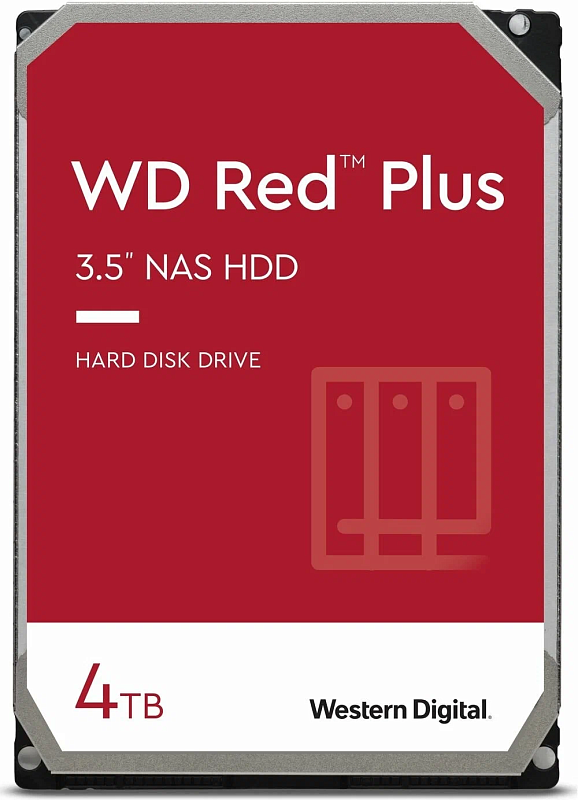 Фото-1 Жёсткий диск Western Digital WD Red Plus WD40EFPX 3.5" 4 ТБ — студийное изображение фронтальной панели: надпись WD Red Plus, указание 3.5" NAS HDD и 4TB, красный фон на белом; важно для распознавания серии WD Red Plus на странице товара.
