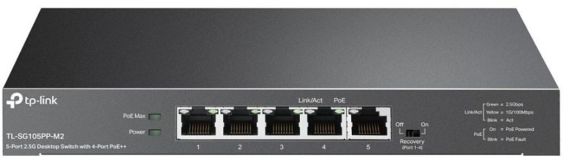 Фото-1 Коммутатор TP-Link TL-SG105PP-M2, прямой фронтальный вид на чёрный металлический корпус; видны пять портов RJ45 на передней панели, подписи индикаторов слева и маркировка PoE над портами; фото показывает портовую конфигурацию и лицевую сторону устройства для страницы товара.