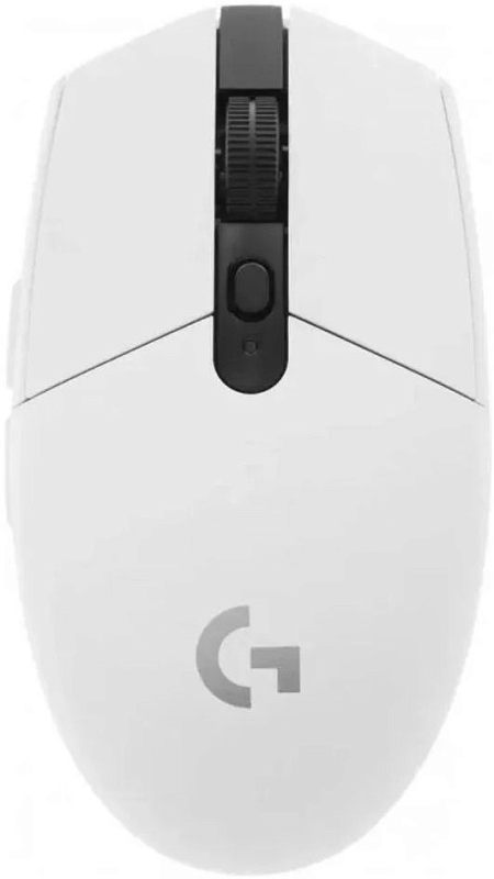 Фото-1 Беспроводная мышь Logitech G304 LIGHTSPEED, вид сверху. На фото белый корпус, чёрная центральная вставка, рифлёное колесо прокрутки, кнопка под колесом и логотип G на спинке; изображение на белом фоне показывает верхнюю компоновку модели для страницы товара.