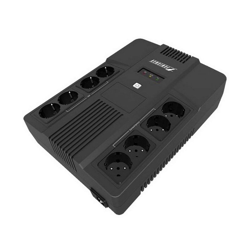 Фото-1 ИБП Powerman Brick 1000 VA Brick 6117369, вид сверху под углом. На фото плоский чёрный корпус, восемь розеток Schuko по бокам, центральная кнопка питания и световые индикаторы состояния. Для страницы товара это важно, потому что показывает настольный форм-фактор и размещение розеток.