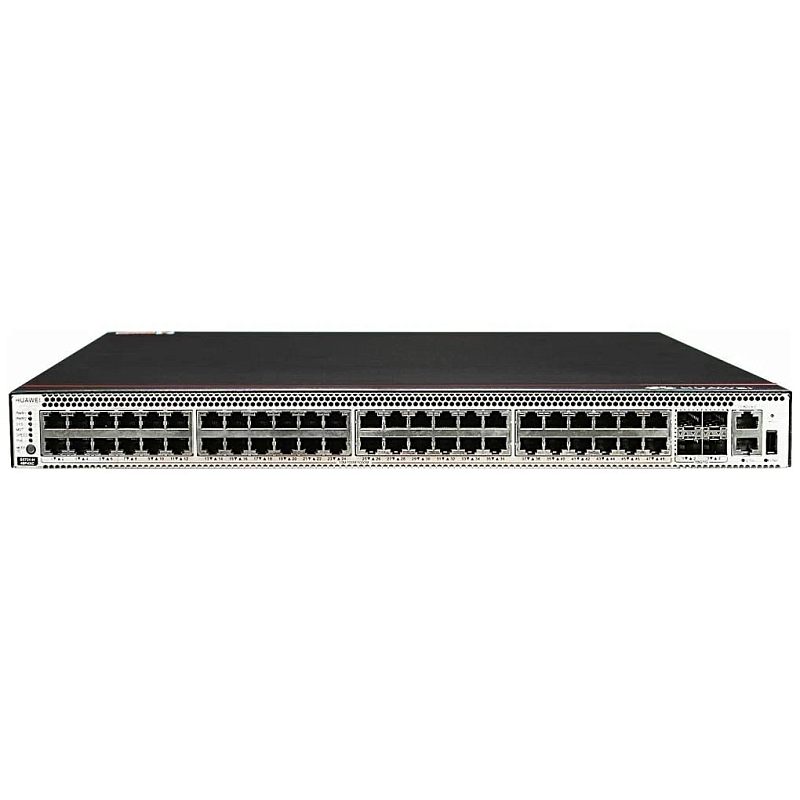Фото-1 Коммутатор Huawei CloudEngine S5731-S48P4X, фронтальный вид; на фото 48 RJ45-портов в два ряда, справа четыре uplink-слота, рядом консольный порт, USB и два служебных сетевых порта, корпус чёрно-серый; фото важно для детального обзора интерфейсов подключения.