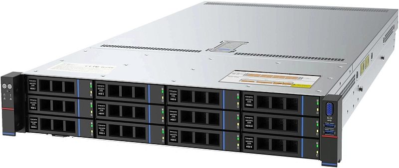 Фото-1 Сервер iRU G2212P 12x3.5 Rack 2U, вид спереди справа под углом; показаны 12 фронтальных отсеков накопителей, металлическая верхняя крышка, боковая стенка шасси и передняя панель с VGA и двумя USB; ракурс помогает оценить форму 2U-корпуса и расположение элементов на странице товара сервера.