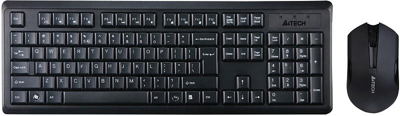Фото-1 Беспроводной комплект клавиатуры и мыши A4Tech 4200N — вид сверху: полноразмерная клавиатура с цифровым блоком и мышь справа; чёрный пластик, логотип A4TECH на клавиатуре и мыши. Для страницы набора показывает состав комплекта и раскладку.