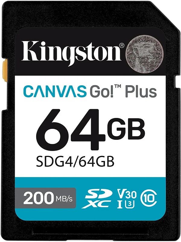 Фото-1 Карта памяти SDXC Kingston Canvas Go! Plus 64GB — крупный план лицевой стороны SD‑карты: чёрный корпус, бело‑бирюзовая этикетка Canvas Go! Plus, обозначение 64GB, маркировки SDXC и V30; изображение помогает идентифицировать SD‑карту на странице товара