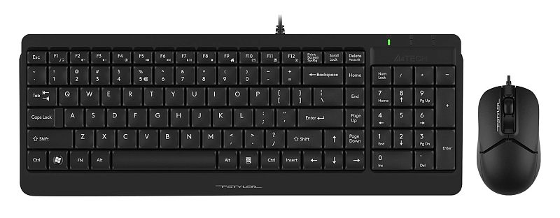 Фото-1 Комплект клавиатура и мышь A4Tech Fstyler F1512 Black, общий вид сверху: чёрная клавиатура с цифровым блоком и чёрная проводная мышь на белом фоне, виден индикатор на верхней панели; изображение показывает состав набора и цветовое исполнение для выбора товара.