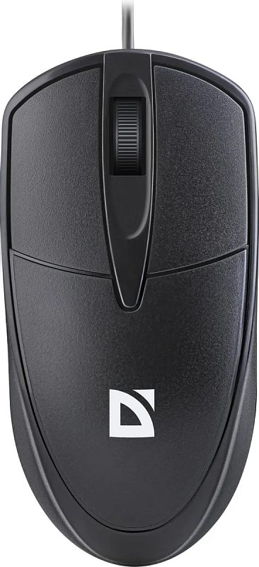 Фото-1 Проводная мышь Defender Trace MB-989, вид сверху. На фото чёрный корпус с шероховатой текстурой, узкая центральная панель и рифлёное колесо прокрутки; изображение на белом фоне показывает форму и поверхность модели для страницы товара.