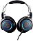 Фото-3 Наушники с микрофоном Audio-Technica ATH-G1, фронтальный вид на две чашки; видны круглые внешние панели с логотипом бренда, синие кольца по периметру и тонкое оголовье с металлическими дугами, чёрный цвет. Подходит для карточки товара и показывает симметрию конструкции чашек.