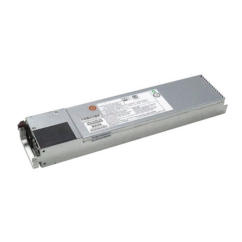 Фото-1 Серверный блок питания Supermicro PWS-1K28D-240, вид сверху и сбоку; серебристый длинный корпус 1U, вентиляционная зона на торце, монтажный фланец и наклейка с маркировкой на верхней панели; фото показывает узкий серверный форм-фактор для страницы товара блока питания.