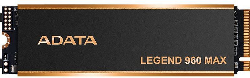 Фото-1 SSD ADATA LEGEND 960 MAX 1TB, вид спереди на модуль M.2 2280 с радиатором; чёрная лицевая пластина с золотистой окантовкой, золотистые надписи ADATA и LEGEND 960 MAX, справа видны контакты M.2. Изображение показывает внешний вид модели и форм-фактор для страницы товара.