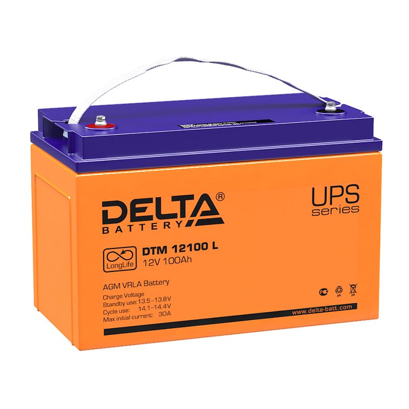 Фото-1 Аккумулятор для ИБП Delta DTM 12100 L, фронтальный вид; оранжевый корпус с маркировкой LongLife и UPS series, синяя крышка; сверху ременная ручка и клеммы‑шпильки по краям — важно для понимания переноски и расположения клемм при подключении к UPS.