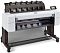 Фото-4 Широкоформатный плоттер HP DesignJet T1600ps 36, ракурс спереди справа на стойке; видны прозрачная крышка тракта, рулонный узел внутри, приёмная корзина‑сетка и колёса, справа сенсорный экран; корпус белый и чёрный — помогает оценить компоновку и доступ к трактам печати.