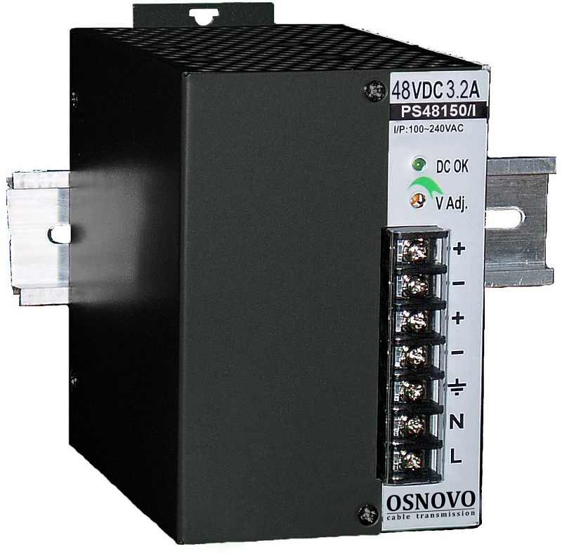 Фото-1 Промышленный блок питания Osnovo PS-48150/I 150W, общий вид под углом. Видны чёрный металлический корпус, DIN-рейка по бокам, клеммная колодка на лицевой панели и маркировка 48VDC 3.2A, DC OK, V Adj. Фото показывает монтажное исполнение и клеммы подключения для страницы товара.