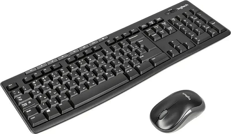 Фото-1 Комплект клавиатуры и мыши Logitech MK270, вид сверху под углом: полноразмерная клавиатура с цифровым блоком и мышь рядом, чёрный пластик, на белом фоне для понимания комплектации на странице товара.