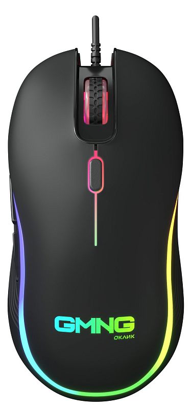 Фото-1 Проводная игровая мышь Oklick 723GM, вид сверху; чёрный корпус с многоцветной подсветкой по периметру, подсвеченное колесо, кнопка за колесом и логотип GMNG на спинке; для страницы товара это показывает верхнюю компоновку и световой контур модели.