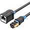 Фото-1 Патч-корд Vention S/STP Cat 6 чёрный 3 м, общий вид адаптерного кабеля на светлом фоне; с одной стороны виден экранированный штекер RJ-45 с золотистым металлическим корпусом, с другой &mdash; гнездо RJ-45 в прямоугольном корпусе, кабель круглый чёрный; фото показывает конструкцию удлинителя для страницы товара.