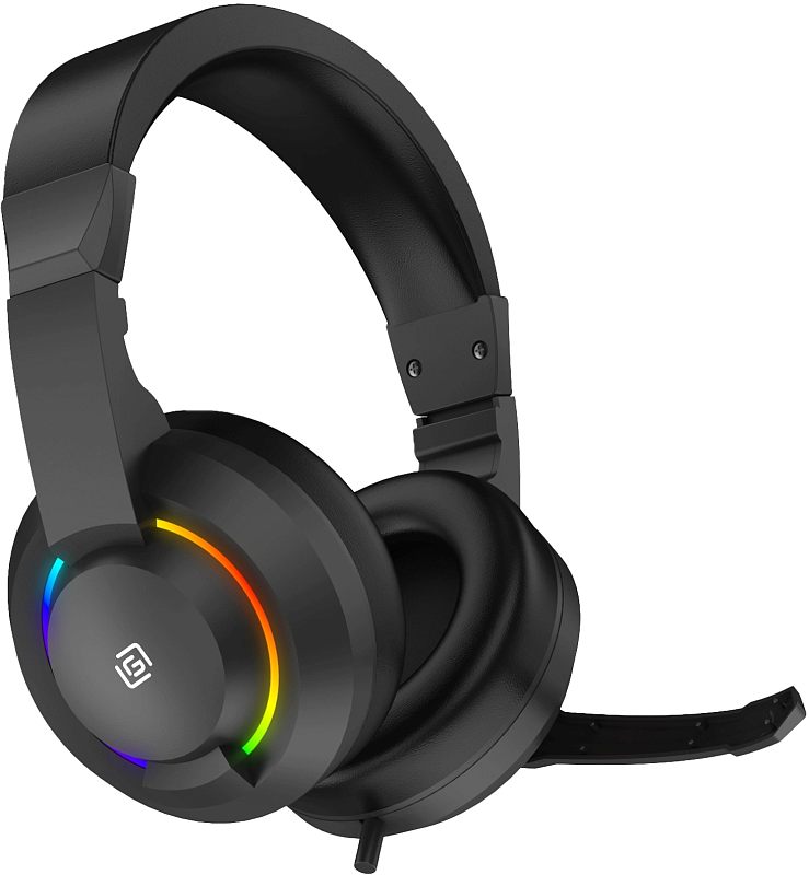 Фото-1 Игровая гарнитура Oklick HS-L315G, вид спереди слева; на фото накладные наушники с поворотным микрофоном, мягким оголовьем и кольцевой RGB-подсветкой на чашке; изображение показывает внешний дизайн модели для карточки товара.