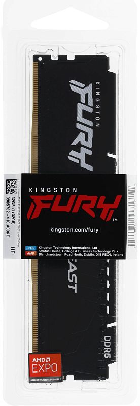Фото-1 Модуль памяти Kingston Fury Beast Black 32 ГБ DIMM DDR5, модель KF560C36BBE/32; фото в упаковке-блистере, видна лицевая сторона чёрного модуля, фирменная вкладка Kingston FURY и наклейка AMD EXPO; изображение важно для страницы товара, чтобы показать комплект поставки и розничную упаковку.