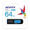 Фото-2 USB-накопитель ADATA UV128 64GB в блистерной упаковке: на карточке указаны UV128, USB 3.2 и 64GB, накопитель чёрно‑голубого цвета виден в окне; важно для страницы, чтобы подтвердить серию и интерфейс по упаковке.