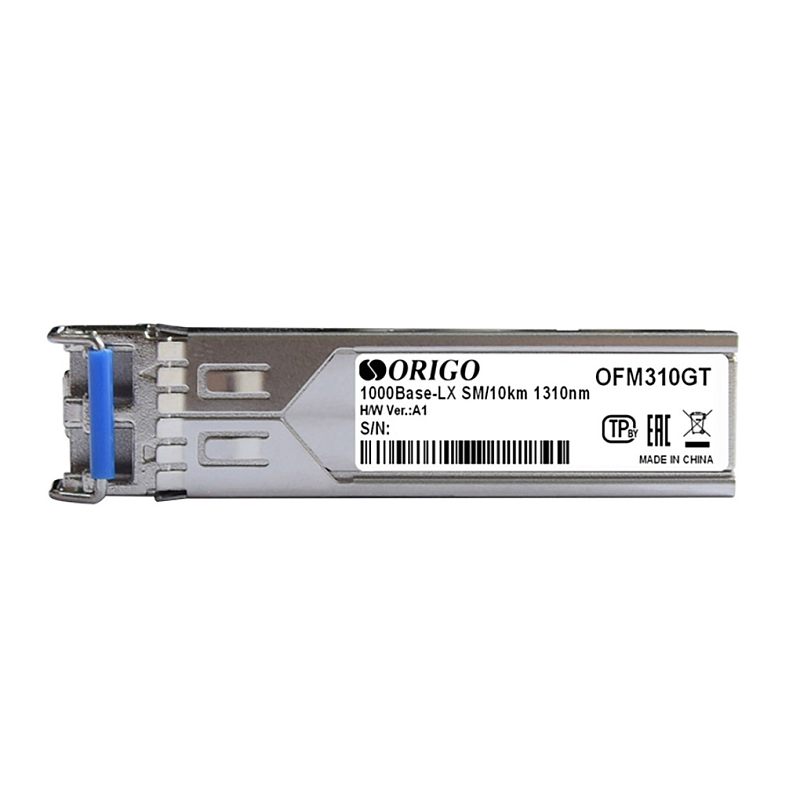 Фото-1 Трансивер SFP ORIGO OFM310GT, вид сбоку: наклейка «OFM310GT» и «1000Base-LX SM/10km 1310nm», на торце виден фиксатор и вставка синего цвета. На белом фоне для карточки товара, чтобы сверить модель LX и тип оптики.
