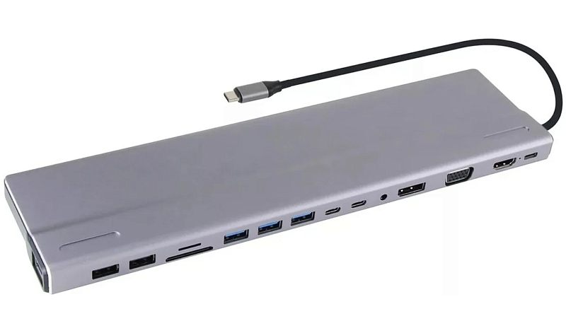 Фото-1 Порт-репликатор VCOM CU4703, общий вид; серебристый корпус с кабелем USB‑C, на боковой панели видны несколько портов (USB, кардридер, видеовыходы) — важно для понимания, что это многофункциональная док-станция для расширения интерфейсов ноутбука.