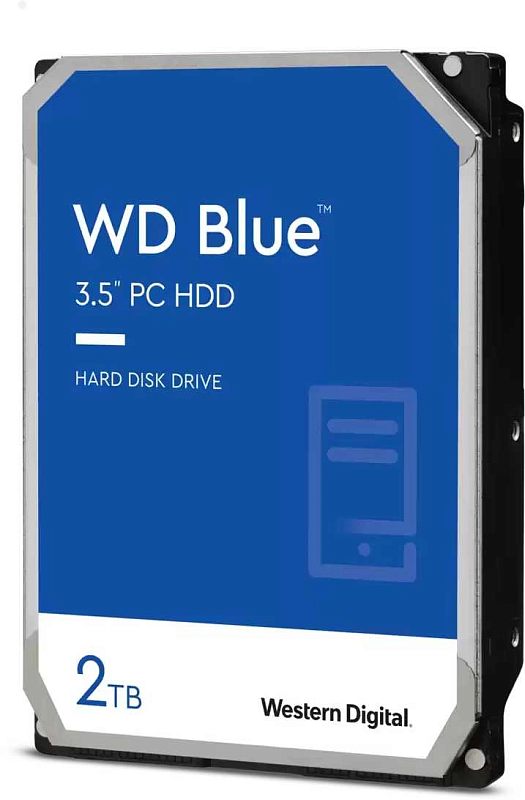 Фото-1 Жесткий диск Western Digital WD Blue WD20EZBX, ракурс 3/4 — синяя лицевая наклейка WD Blue с обозначением 2TB, видна боковая грань и крепёжные отверстия, чёрная нижняя часть; показывает внешний вид HDD для ПК.
