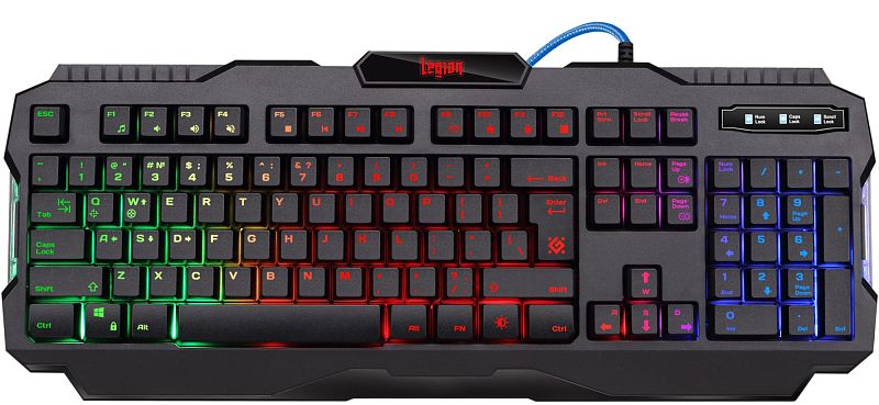 Фото-1 Клавиатура Defender Legion GK-010DL, вид спереди; игровая полноразмерная раскладка с цифровым блоком, чёрный корпус, многоцветная подсветка по зонам, индикаторный экран справа и синий кабель сверху. Для страницы товара важно, потому что фото показывает раскладку и игровые элементы оформления.