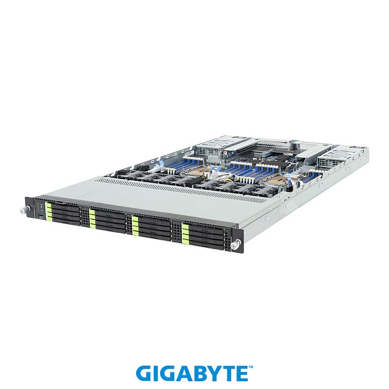 Фото-1 Серверная платформа Gigabyte R184-S94 rev. AAV1, вид спереди слева под углом со снятой крышкой; на фото показаны фронтальные отсеки накопителей с зелёными фиксаторами, открытый корпус 1U и внутренняя компоновка с радиаторами и слотами памяти, что важно для страницы товара при показе шасси и его конфигурации.