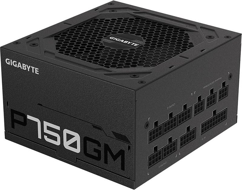 Фото-1 Блок питания Gigabyte P750GM, общий вид под углом со стороны модульной панели. Видны чёрный корпус, верхняя решётка вентилятора и модульные разъёмы на боковом торце. Изображение показывает форм-фактор и модульное подключение кабелей для страницы товара.