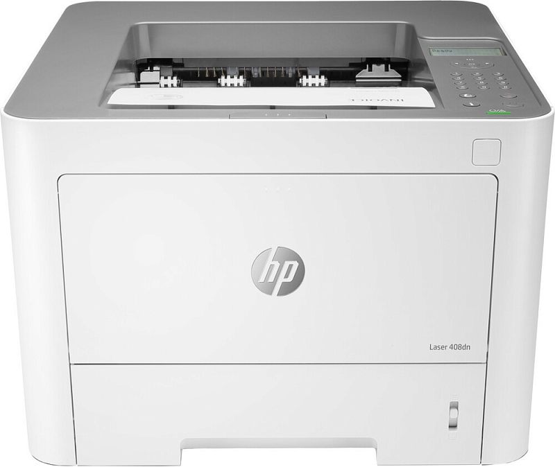 Фото-1 Принтер HP Laser 408dn, вид спереди; белый корпус с верхним выходным лотком, логотипом HP на передней панели и панелью управления с экраном справа сверху на белом фоне; показывает фронтальный дизайн и расположение органов управления для страницы товара.