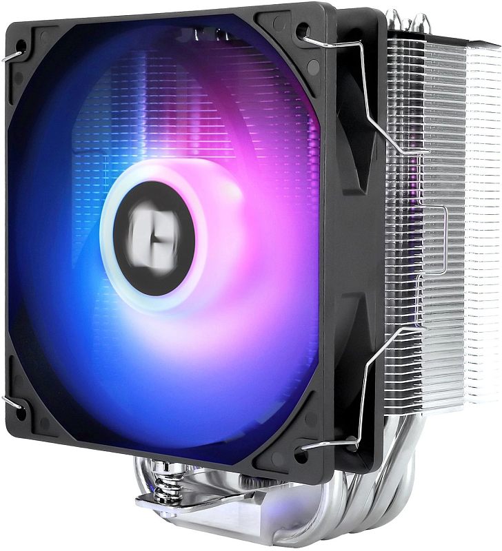 Фото-1 Кулер Thermalright Burst Assassin 120 SE, общий вид под углом: башенный радиатор серебристого цвета с чёрным вентилятором спереди и четырьмя тепловыми трубками у основания; изображение показывает основной вид кулера на странице товара.