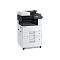 Фото-4 МФУ Kyocera ECOSYS M4125idn, вид спереди под углом; белый корпус на колёсах, два нижних лотка, справа панель управления с экраном и клавиатурой, сверху автоподатчик; на белом фоне для карточки товара, чтобы показать компоновку модулей и мобильное основание.