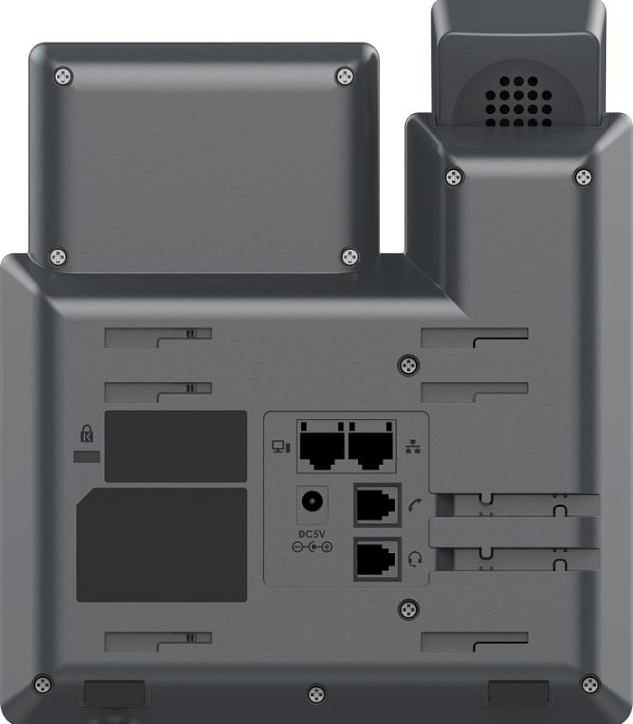 Фото-1 IP-телефон Grandstream GRP2602W, вид сзади/снизу: два порта RJ-45, разъём питания DC 5V и посадочные места под подставку; графитовый корпус на белом фоне, чтобы показать варианты подключения и крепление.