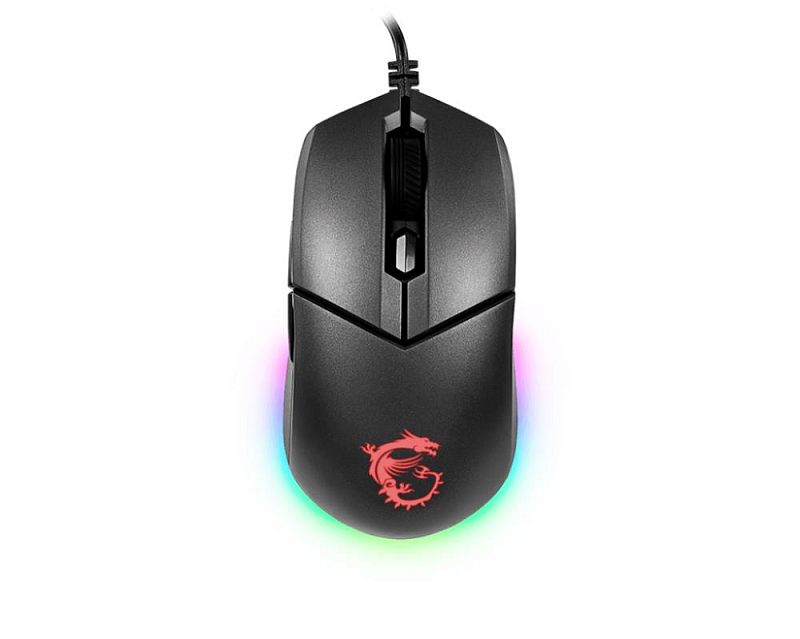 Фото-1 Проводная мышь MSI Clutch GM11, чёрная, вид сверху; симметричный корпус с гранёными линиями, колесо прокрутки и кнопка переключения DPI по центру, RGB-подсветка по нижнему контуру и логотип MSI на спинке; фото показывает подключаемый кабель и игровой дизайн товара.