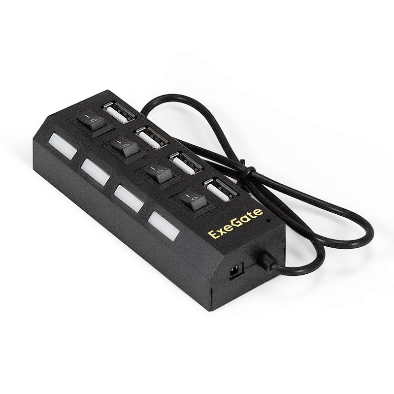 Фото-1 USB-хаб Exegate DUB-42SW, вид сверху под углом: четыре порта USB-A в ряд и четыре тумблера включения рядом, чёрный корпус; показывает управление портами для подключения периферии.