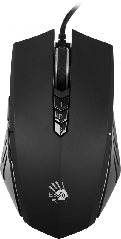 Фото-1 Проводная мышь A4Tech Bloody A70 Matte Black, вид сверху; видны чёрный симметричный корпус, оплётка кабеля, колесо прокрутки и три центральные кнопки с цифровыми обозначениями, фото на белом фоне для страницы товара, чтобы показать верхнюю панель и раскладку кнопок.