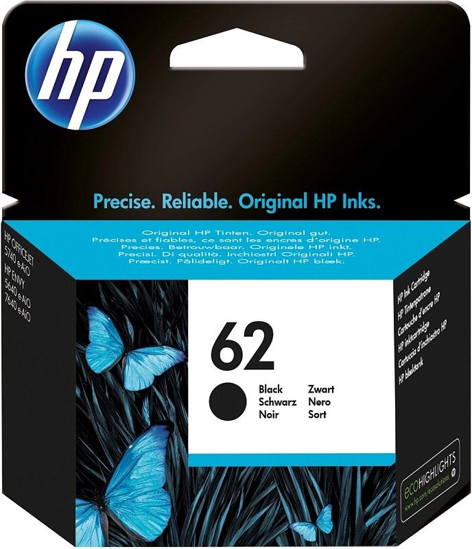 Фото-1 Струйный картридж HP 62 Black, вид спереди на упаковку; фирменная коробка с чёрным фоном, голубыми бабочками, крупной маркировкой 62 Black и верхним подвесом, по бокам указана совместимость с серией HP OfficeJet и ENVY; изображение помогает распознать оригинальный картридж и его цвет на странице товара.