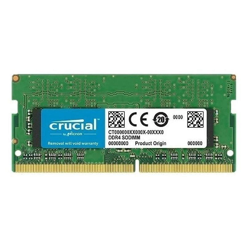 Фото-1 Модуль памяти Crucial by Micron CB8GS3200, вид спереди на белом фоне. Зелёная плата SO-DIMM, крупная бело-синяя наклейка Crucial по центру, вырез в контактной гребёнке и боковые отверстия крепления. Для страницы памяти ноутбука это важно, потому что фото показывает компактный форм-фактор SO-DIMM и заводскую этикетку.