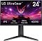 Фото-1 Монитор LG 24GS65F-B 23,8", вид спереди: чёрный корпус на V-образной подставке, на экране баннер LG UltraGear с указанием «24», «FHD» и «180Hz»; белый фон; важно — показывает фронтальный вид и диагональ.
