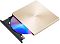 Фото-2 Внешний оптический привод ASUS SDRW-08U9M-U (DVD-RW), золотистый: вид сверху под углом с выдвинутым лотком и диском; видна рамка лотка и внутренняя площадка; на белом фоне — показывает работу лотка при загрузке диска.