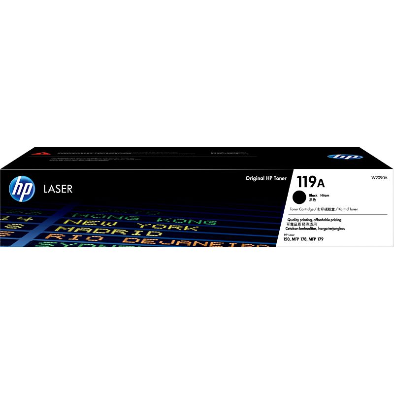 Фото-1 Тонер-картридж HP 119A W2090A, лазерный, чёрный, 1000 стр — фронтальный вид длинной коробки: чёрная упаковка HP Laser с маркировкой 119A Black, логотипом HP и цветным графическим принтом; изображение показывает розничную упаковку и модель расходника для страницы товара.