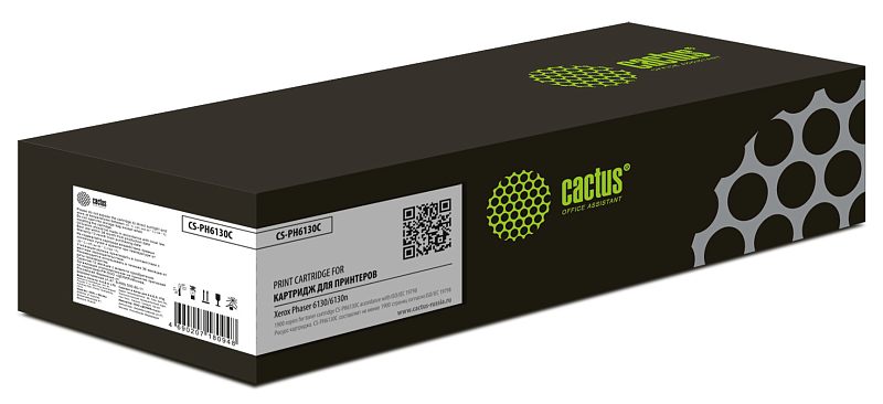 Фото-1 Тонер-картридж Cactus CS-PH6130C для Xerox Phaser 6130, коробка под углом спереди-слева; на фото чёрная прямоугольная упаковка с белой этикеткой, QR-кодом и маркировкой модели на боковой стороне; голубая версия картриджа, изображение упаковки для страницы расходника.